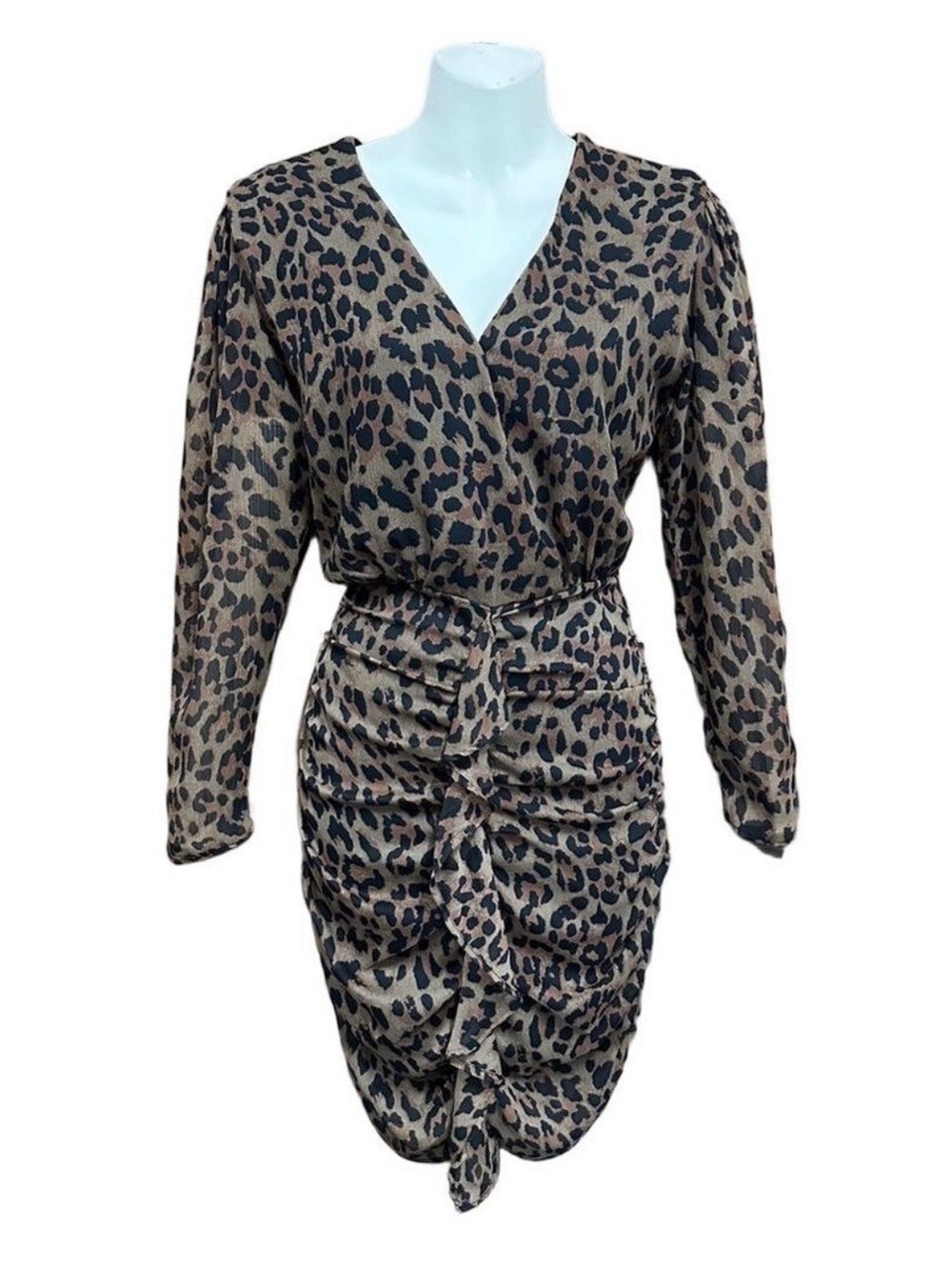 Zara animal print ruched dress Small ruffles long sleeve Vneck